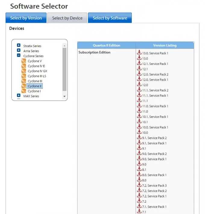 Quartus II -version valitseminen