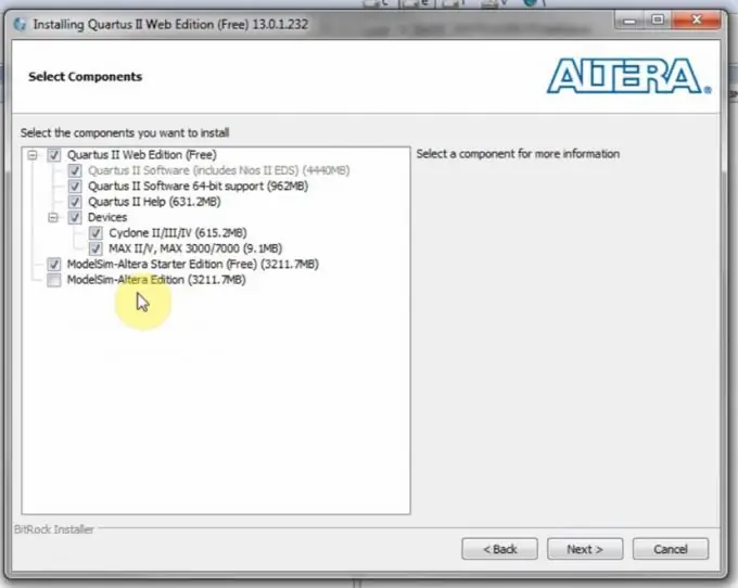 Quartus II komponentlərinin seçilməsi