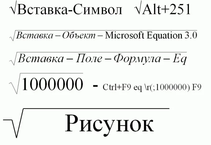 Քառակուսի արմատների ուղղագրության տարբերակները Word- ում