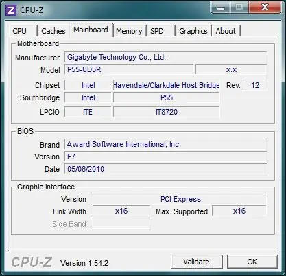 Janela do programa CPU-Z. Informações da placa-mãe