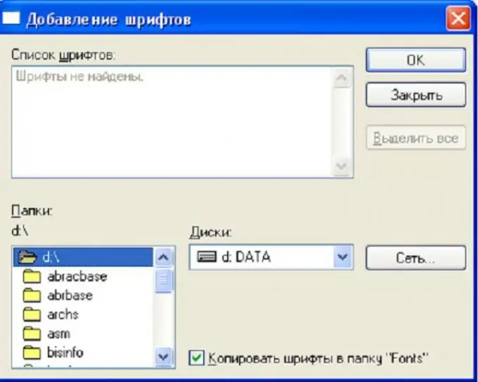 Hitsura ng Add Fonts Dialog Box