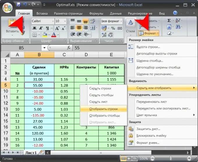 Excel-де ұяшықтарды қалай көрсетуге болады