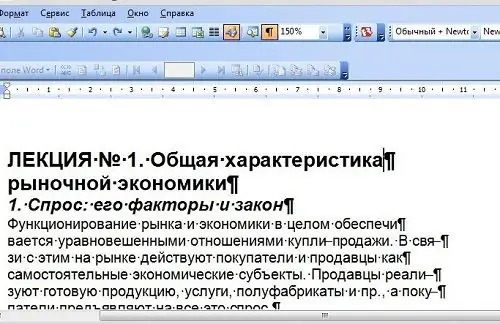 Texto en Word con caracteres de párrafo desarrollados