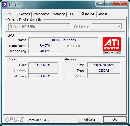 Prozor programa CPU-Z. Informacije o video adapterima