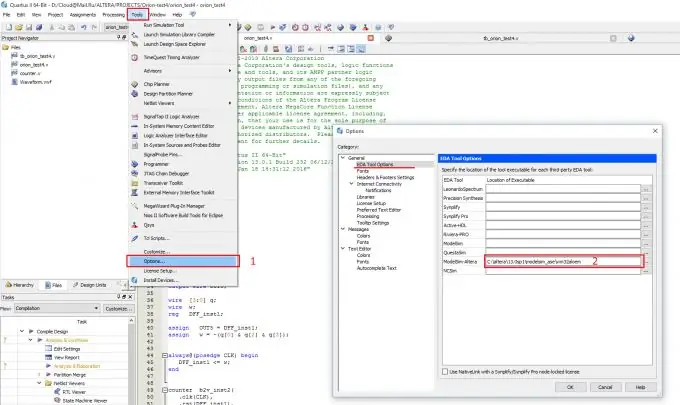 Spesifiseer die pad na die simulasie-instrument ModelSim