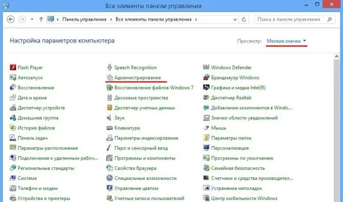 „Windows 8“valdymo skydelis - mažos piktogramos